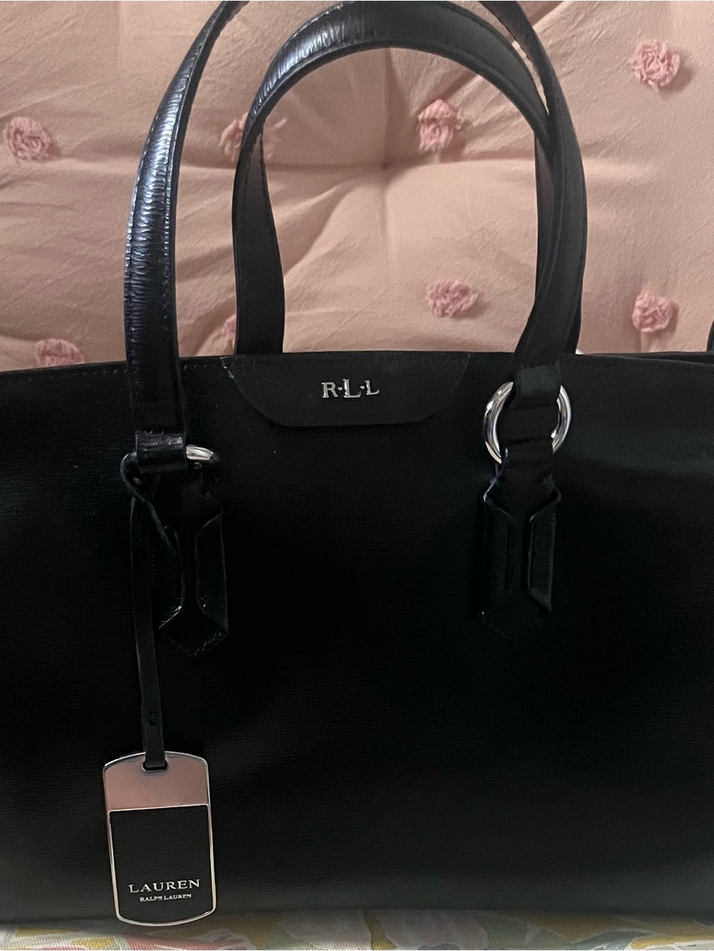 Ralph Lauren Black Leather Tote with Silver Hardware